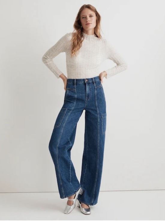 Madewell Denim - Madewell Baggy Straight Cargo High-Rise Wide Leg Patch Jeans size 27 NN489
